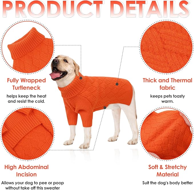 AOFITEE XL Dog Sweater, Dog Sweater Large Size Dogs, Large Dogs Sweaters for Female Male, Turtleneck Thick Warm Knitted Winter Fall Pet Sweatshirt, Solid Pet Halloween Costume (Orange, XLarge)