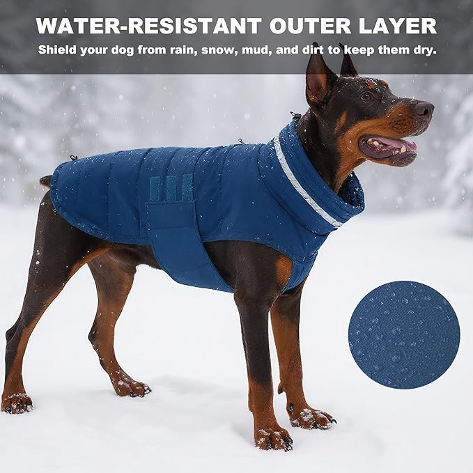 Dog Coat, Waterproof Winter Jacket, Warm Windproof Jacket, Reflective Adjustable Turtleneck Coats for Medium Dogs with Hook & Loop - Blue - M