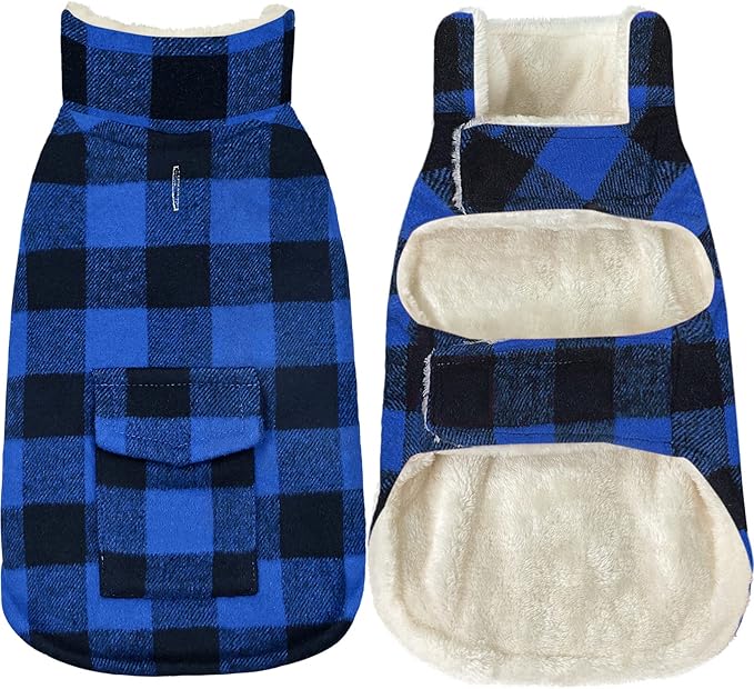 Malier Dog Winter Coat, Classic Plaid Fleece Dog Cold Weather Coats Dog Jacket with Pocket, Windprood Warm Dog Coat Vest Winter Pet Clothes Apparel for Small Medium Large Dogs (Blue, XX-Large)