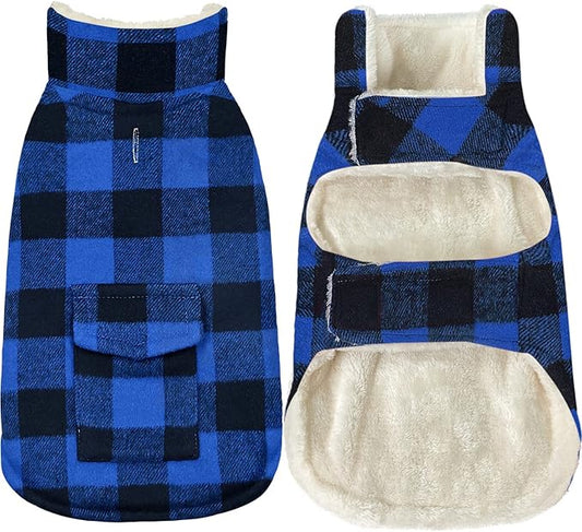 Malier Dog Winter Coat, Classic Plaid Fleece Dog Cold Weather Coats Dog Jacket with Pocket, Windprood Warm Dog Coat Vest Winter Pet Clothes Apparel for Small Medium Large Dogs (Blue, Medium)