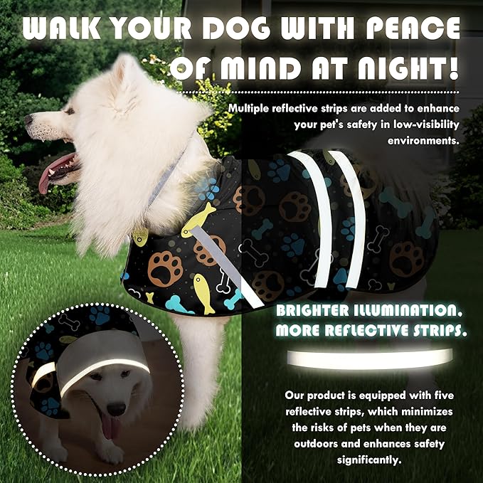 Dog Raincoat, Adjustable Rain Jacket with Hooded Double Layer for Large Medium Small Dogs Puppies, Lightweight Waterproof Rain Coat Poncho with Reflective Stripe Paw Print Black,M