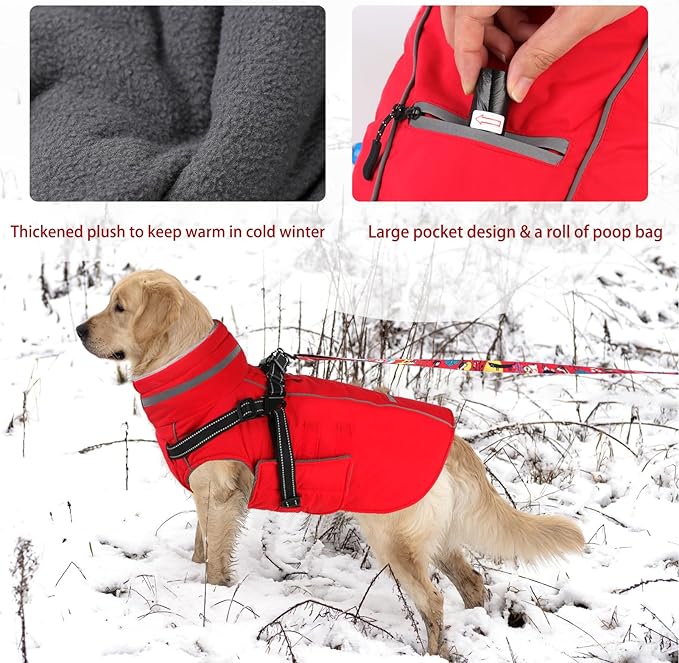 Doglay 2 in 1 Dog Coat with Harness Built-in, Waterproof Dog Winter Jacket with Pocket & Poop Bags, Reflective Adjustable Pet Winter Coat for Small, Medium, Large Dogs