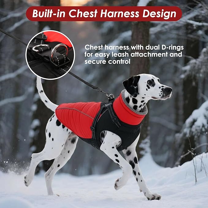 ASENKU Reflective Dog Coat with Built-in Harness, Windproof Fleece-Lined Dog Jacket for Small, Medium, Large Dogs, Warm Winter Vest with Turtleneck & Zipper (Red 2XL)