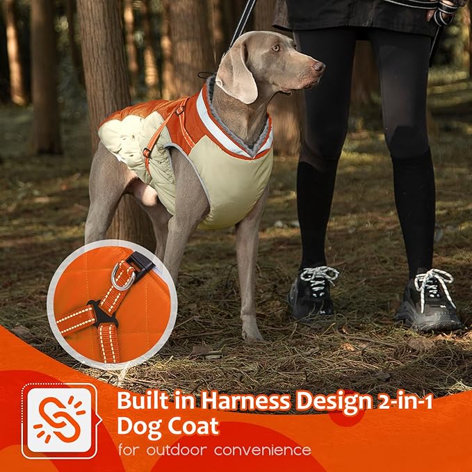 Dog Winter Coat with Harness, Dog Jacket, Pet Clothes with Zipper on Back, Waterproof Windproof Warm Vest, Reflective Cold Weather Coats, for Small Medium Large Dogs, Thick, Orange, XL