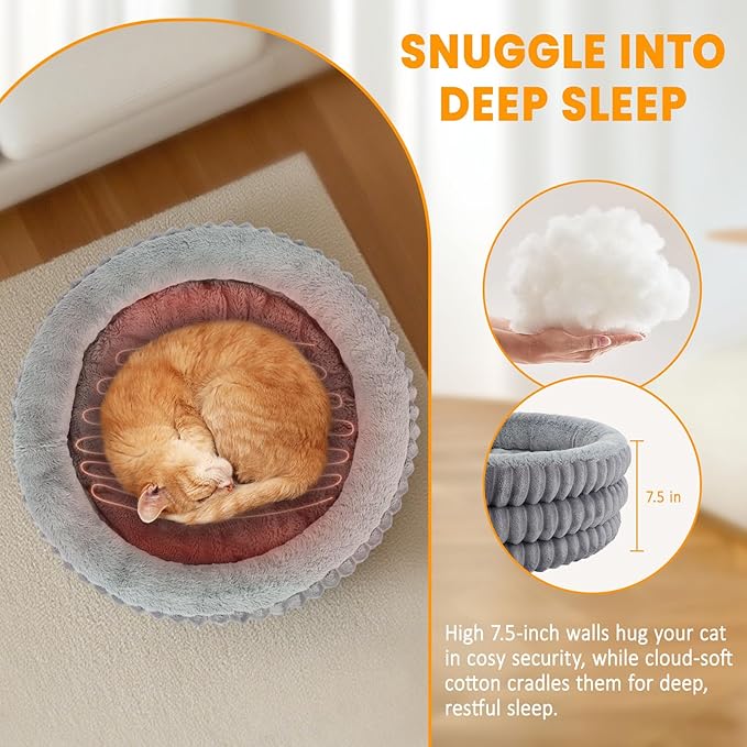 Heated Cat Bed Indoor, 20" Round Donut Deep Sleep Calming Heated Pet Beds for Cats and Small Dogs, Comfort Electric Thermal Cat Warming Bed with Adjustable Heating Pad, Washable and Indoor Use
