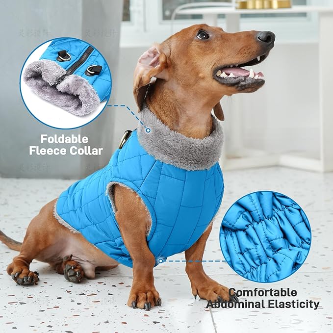 Warm Fleece Dog Coats with Durable Harness Buitl in D-Ring,Waterproof Doggie Jacket for Medium Dogs,Dog Vest for Cold Winter,Light Blue L