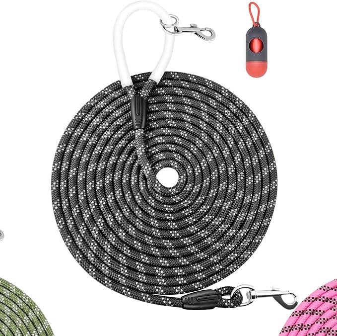 Nylon Dog Leash 6FT 10FT 20FT 30FT Diameter 2/5 Inch with Comfortable Silicone Handle Highly Reflective No Tangle for Medium Large Dogs Outside Walking Camping Backyard. (Black, 20FT * 2/5Inches)