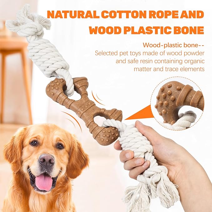 Dog Rope Toy for Aggressive Chewers, Tug and Teething Toy with Natural Cotton Rope and Wood-Plastic Bone, Durable Chew Toy for Medium to Large Dogs 20-60lb