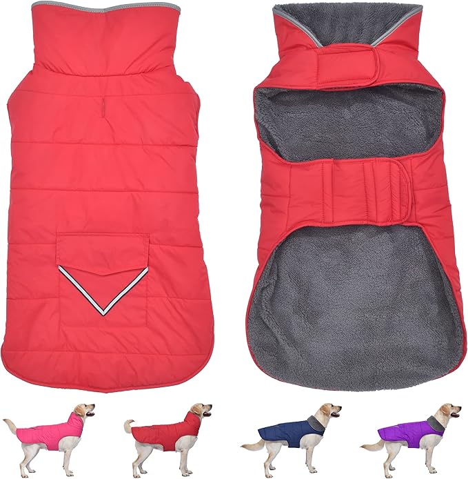 Dog Coat, Waterproof Dog Winter Jacket with Pocket, Reflective Adjustable Pet Snow Vest, Warm Cozy Fleece Sweater for Small Medium Extra Large Dogs - Red, 2XL
