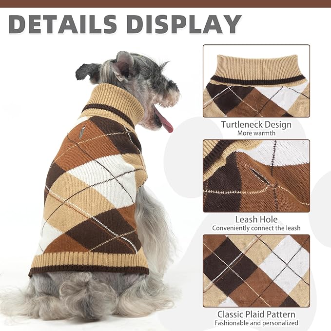 KOOLTAIL Dog Sweater Pet Knitted Clothes - Classic Plaid Pullover Turtleneck Thick Warm Fall Dog Sweaters with Leash Hole, Soft Dog Winter Clothes for Small Medium Large Dogs Cats Puppy Girls Boys, L