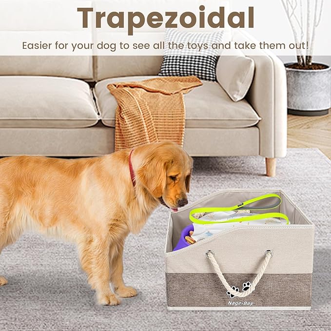 Large Dog Toy Basket With Handle, Foldable Dog Toy Box for Living Room Area, 20" Basket for Dog Toys, Clothes, Organizers and Storage with Hard Board, Anti-slip for Pet Toys (Brown, Medium)