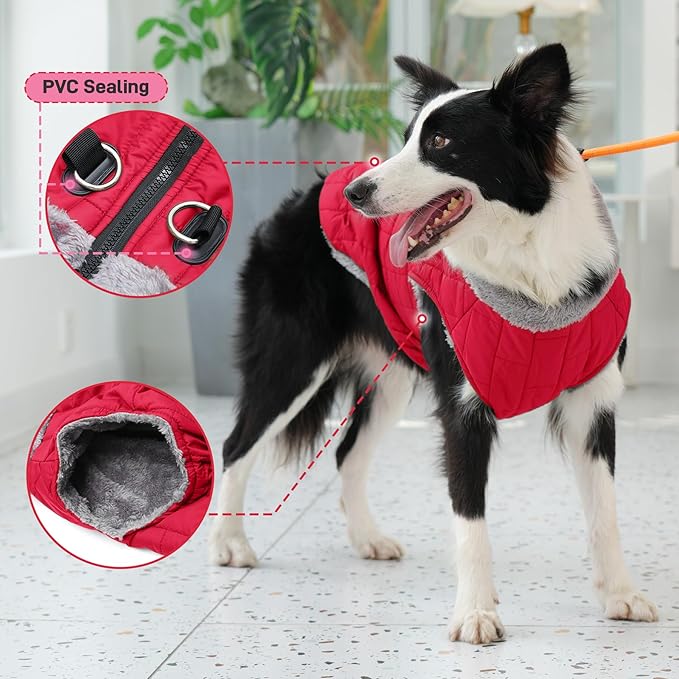 Warm Fleece Dog Coats with Durable Harness Buitl in D-Ring,Waterproof Doggie Jacket for Large Dogs,Dog Vest for Cold Winter,Red XXL