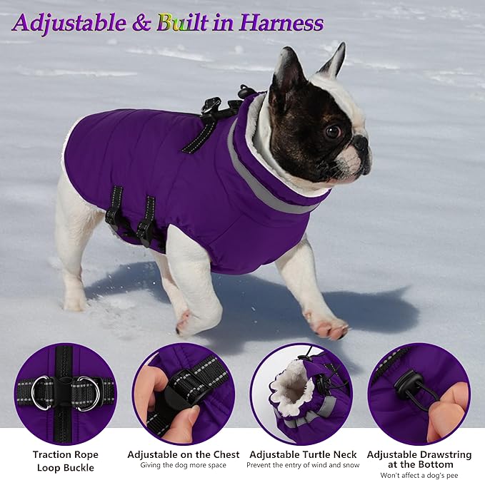 Dogcheer Dog Coat with Harness, Waterproof Dog Jacket Adjustable Pet Winter Coat with Zipper, Christmas Puppy Snow Jacket Fleece Sweater for Small Medium Large Dogs - Purple 3XL