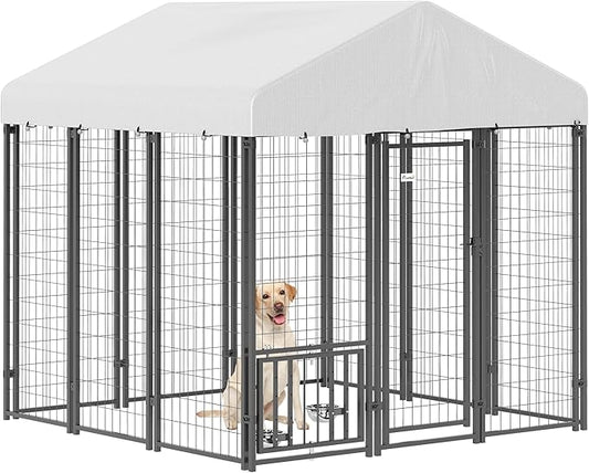 PawHut 6' x 6' x 6' Outdoor Dog Kennel, Welded Wire Dog Kennel Outside Run with 360° Rotating & 4 Level Adjustable Bowls, Waterproof & UV Resistant Cover, for S&M&L Breeds, Chickens, Ducks, Silver