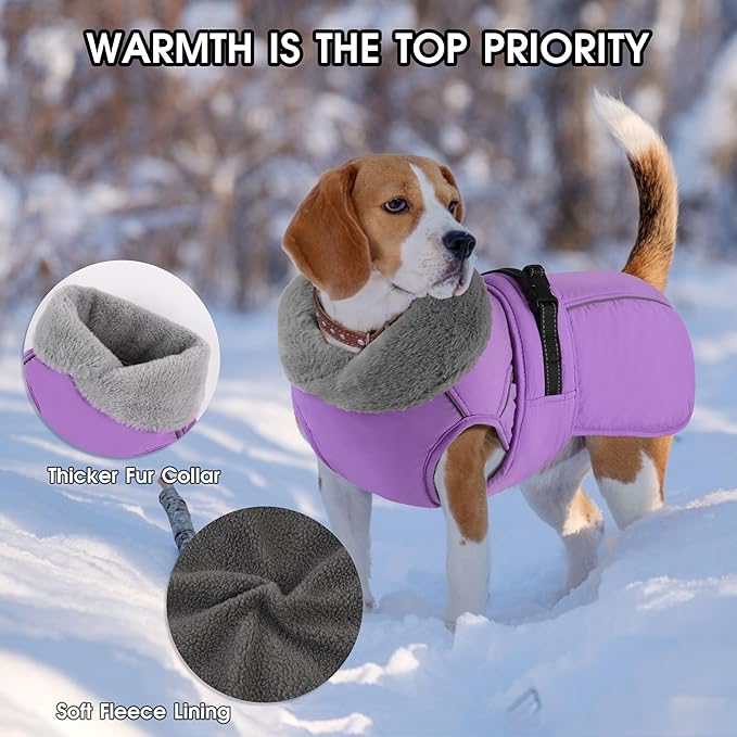 PETDSH Dog Coat Small, Windproof Dog Jacket with Warm Fleece Lining, Thickened Collar Dogs Winter Coat, Adjustable Reflective Pet Coats for Cold Weather (Purple, Small)