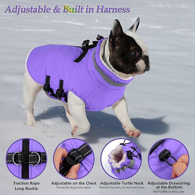 Dogcheer Dog Coat with Harness, Waterproof Dog Jacket Adjustable Winter Coat with Zipper, Christmas Puppy Snow Jacket Fleece Sweater for Small Medium Large Dogs - Taro Purple 3XL