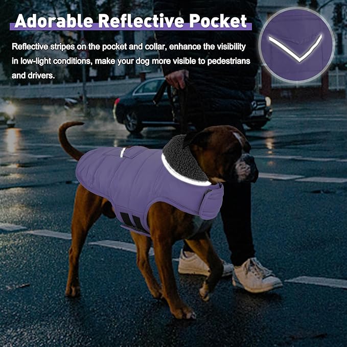 Dog Coat, Waterproof Dog Winter Jacket with Pocket, Reflective Adjustable Pet Snow Vest, Warm Cozy Fleece Sweater for Small Medium Extra Large Dogs - Light Purple, 2XL