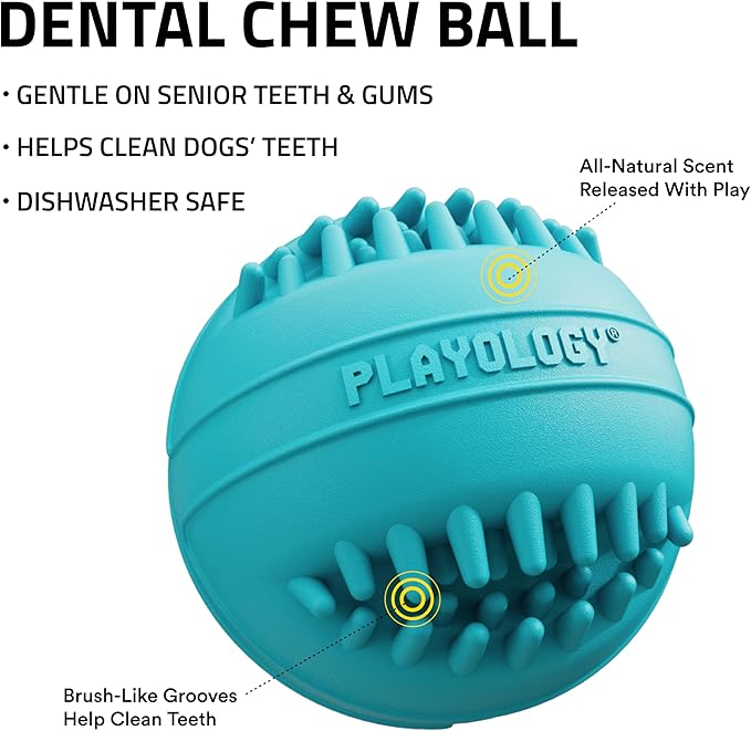 Playology Dog Toys | Dental Chew Ball Gentle on Gums | Medium Peanut Butter Scented Toy - Easy to Clean and Made from Non Toxic Materials