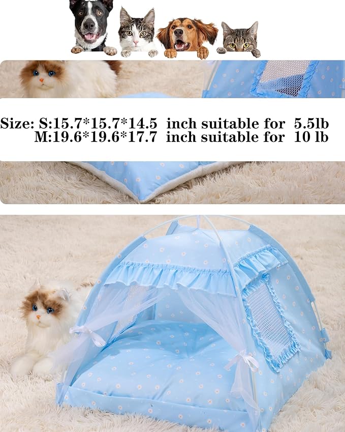 Cat Princess Bed Tent House - Kitty Cute Beds Indoor,Small Dog House Indoor/Outdoor Cave Nest Bed Small Dog Tent for Cat,Puppy Tents (15.7"x15.7"x14.5"/Blue)