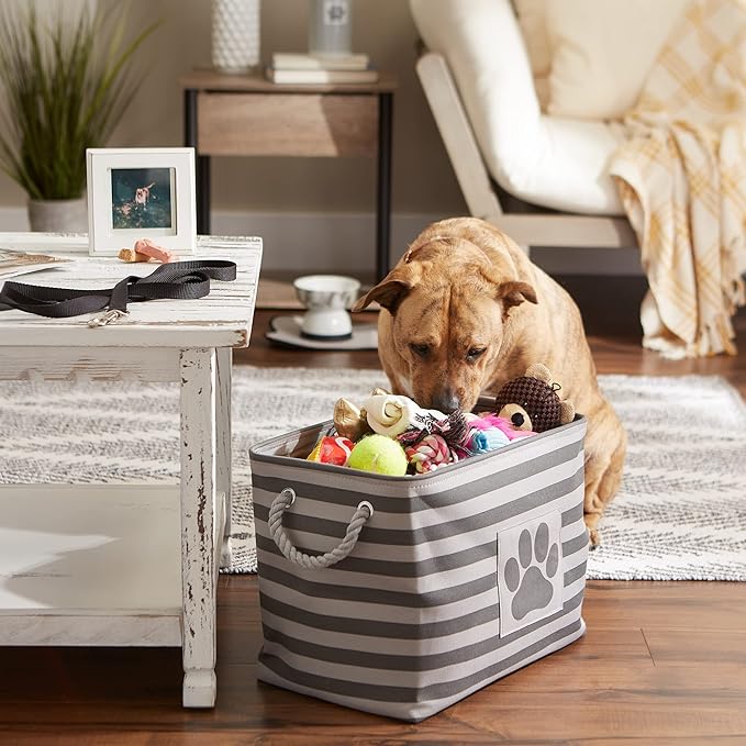 Bone Dry Pet Storage Collection Striped Paw Patch Bin, Medium Rectangle, Gray