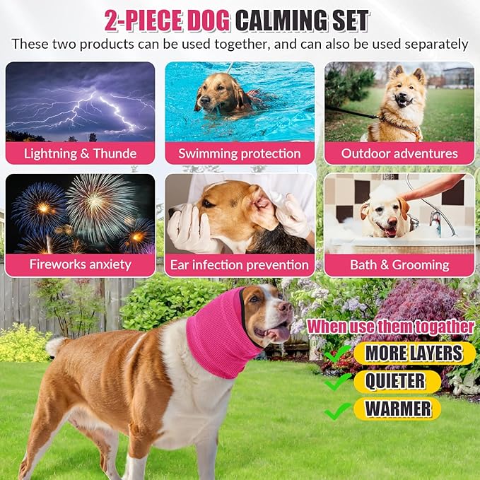 SlowTon Quiet Ears Dog Hoodie - 2 Pcs Ear Wrap Dog Ear Muffs Noise Protection, Anxiety Relief Dogs Hat Calming Hood Head Cover, Pet Headband Dogs Ear Protector for Grooming, Force Drying (Pink,S)