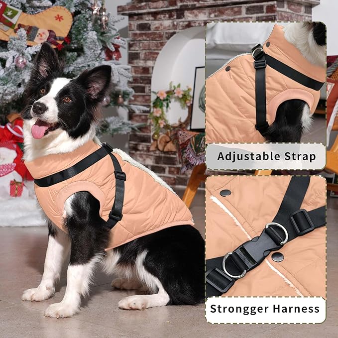 Dog Jacket with Harness,Fleece Lined Warm Puppy Coat for Winter,Soft Windproof Medium Dog Vest,LightOrange L