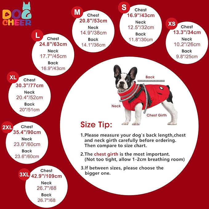 Dogcheer Dog Coat with Harness, Waterproof Dog Jacket, Christmas Puppy Winter Coat with Pocket, Reflective Doggy Turtleneck Puffer Vest for Small Medium Large Dogs - Red, M