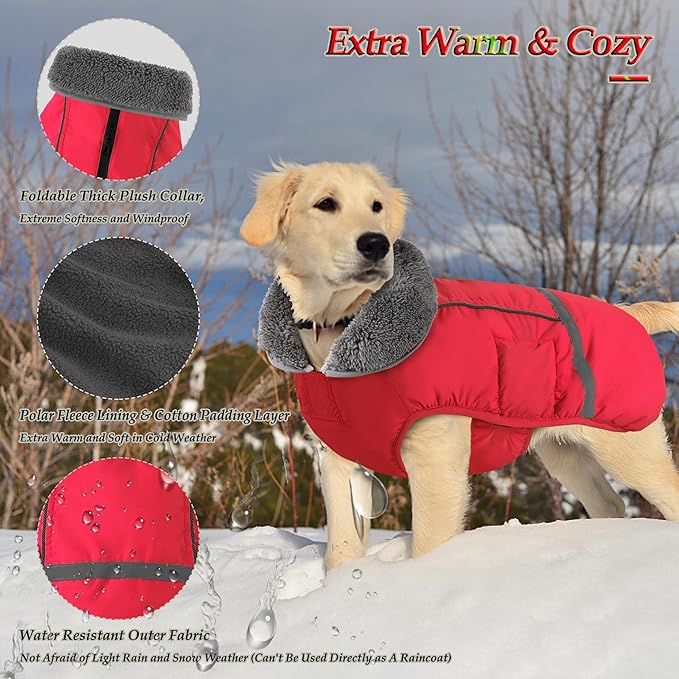 Dogcheer Warm Dog Coat, Christmas Dog Jacket Waterproof Puppy Winter Coat with Buckles, Reflective Adjustable Pet Snow Jacket Turtleneck Fleece Sweater for Small Medium Large Dogs - Red, 2XL