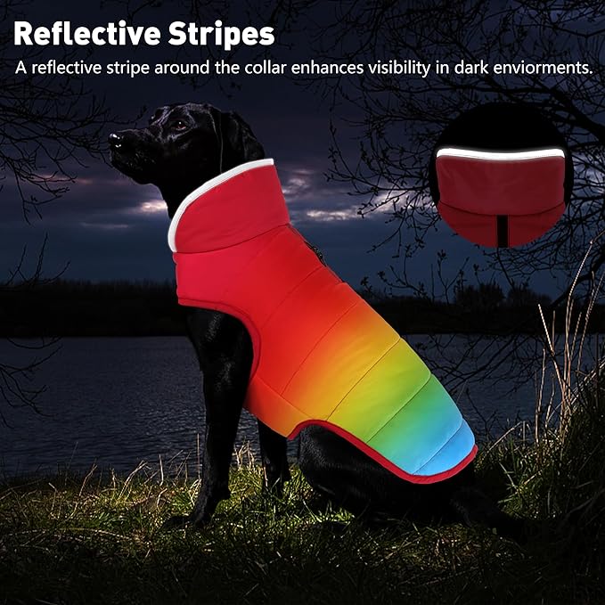 Dog Winter Coat, Waterproof Dog Jacket with Leash Hole, Reflective Adjustable Pet Snow Vest, Warm Fleece Sweater for Small Medium Large Dogs - Rainbow, M