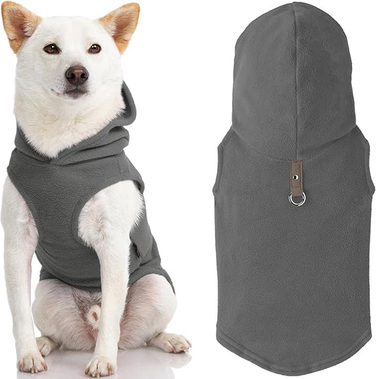 Gooby Fleece Vest Hoodie Dog Sweater - Gray, Large - Warm Pullover Dog Hoodie with O-Ring Leash for Small to Medium Dogs
