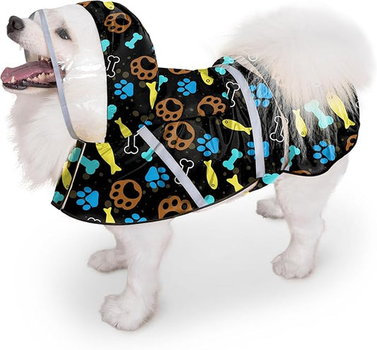 Dog Raincoat, Adjustable Rain Jacket with Hooded Double Layer for Large Medium Small Dogs Puppies, Lightweight Waterproof Rain Coat Poncho with Reflective Stripe Paw Print Black,XXL