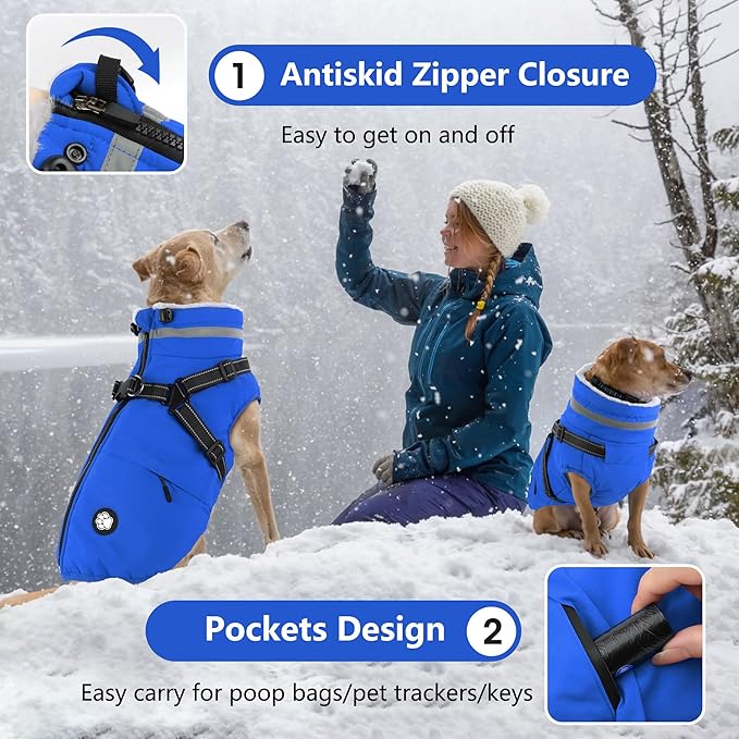 Dogcheer Dog Coat, Waterproof Dog Winter Jacket with Harness, Reflective Adjustable Doggy Cold Weather Coats, Christmas Pet Fleece Snowsuit for Small Medium Large Dogs - Blue, S