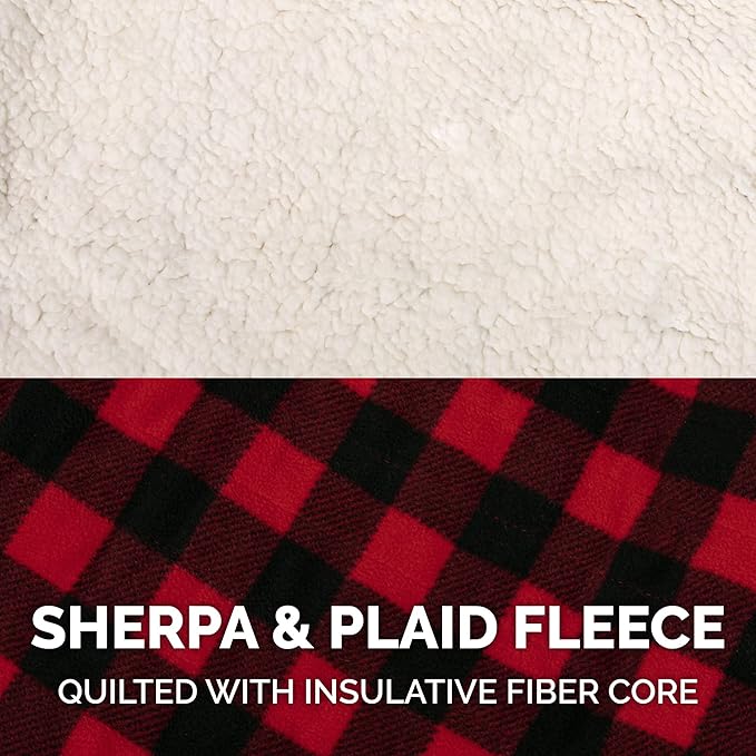 Furhaven Reversible XL Dog Coat, Washable & Insulating w/ Leash Access - Sherpa & Plaid Fleece Flex-Fit Jacket - Cream/Red, Extra Large