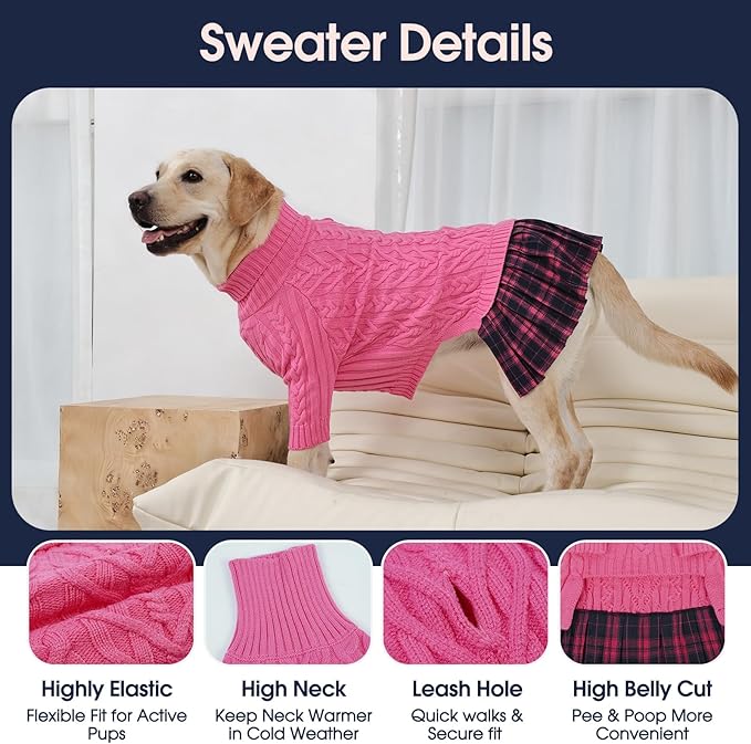 IECOii Girl Dog Sweater Dress - Cable Knit Dog Sweater for Small Dogs Girl - Pink, Medium, Turtleneck Pullover Sweaters with Tartan Plaid Skirt, Adorable Warm Dog Knitted Dress for Christmas