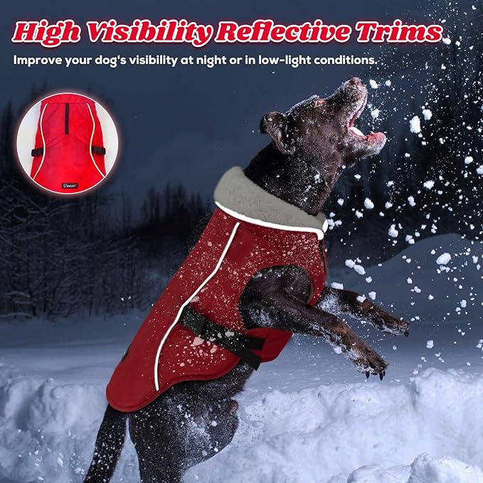 EMUST Dog Coat, Waterproof Pet Snow Jacket for Winter, Adjustable Small/Medium/Large Dog Coat/s for Winter, Red, L