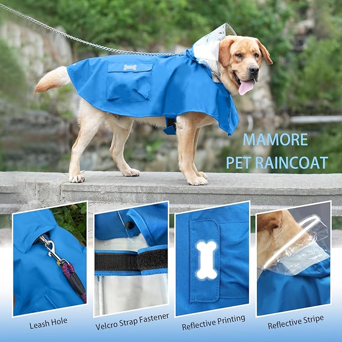 Dog Raincoat Waterproof, Adjustable Reflective Hooded Dog Rain Poncho with Leash Hole for Small Medium Large Dogs (Blue, Medium)