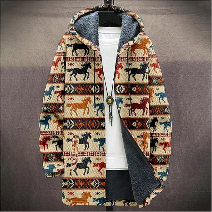 Mens Aztec Print Hoodie Heavyweight Cotton Fleece Jacket Zip Up Warm Long Sleeve Hooded Winter Midi Coat
