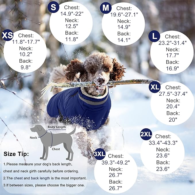 Dogcheer Dog Coat, Waterproof Dog Jacket with Harness, Reflective Adjustable Puppy Winter Coat with Zipper, Christmas Snow Jacket Clothes for Small Medium Large Dogs - Blue S