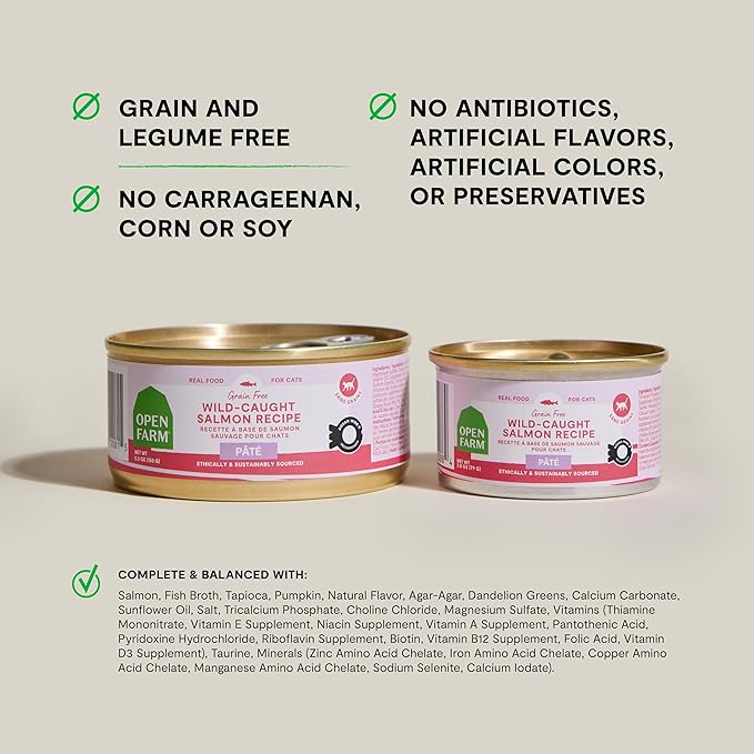 Open Farm Canned Cat Food, Pate for Complete & Balanced Nutrition, Grain Free and Legume-Free Wet Cat Food, Salmon Recipe, 2.8oz Cans (Case of 18)