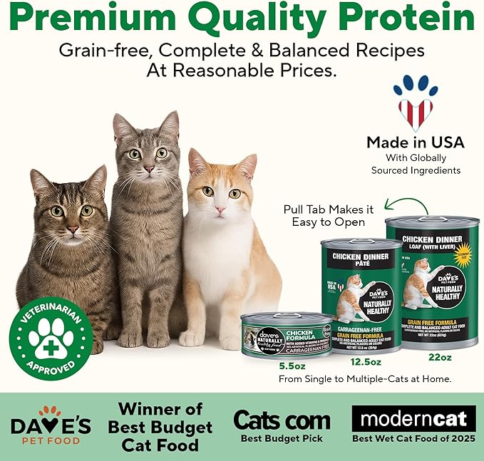 Dave's Pet Food Grain Free Wet Cat Food Pate (Chicken), Made in USA Naturally Healthy, Economy Size, Multi-Cat Families, Canned, 22 oz Cans (12 Pack)