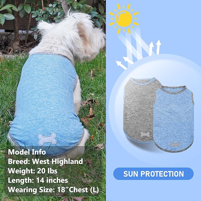 KYEESE 2 Pack Dog Shirts Quick Dry Soft Stretchy Pet T-Shirts with Reflective Label Tank Top Sleeveless Vest Sun Protection Dog Clothes for Small Dogs, Small, Light Blue+Grey