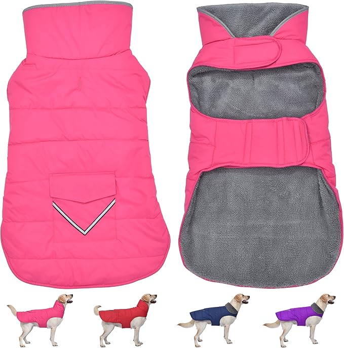 Dog Coat, Waterproof Dog Winter Jacket with Pocket, Reflective Adjustable Pet Snow Vest, Warm Cozy Fleece Sweater for Small Medium Extra Large Dogs - Pink, 2XL