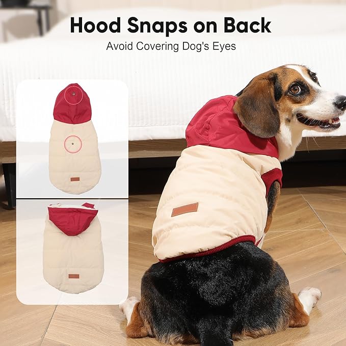 Fleece Lining Extra Warm Dog Hoodie in Winter,Small Dog Jacket Puppy Coats with Hooded,Beige and Red S