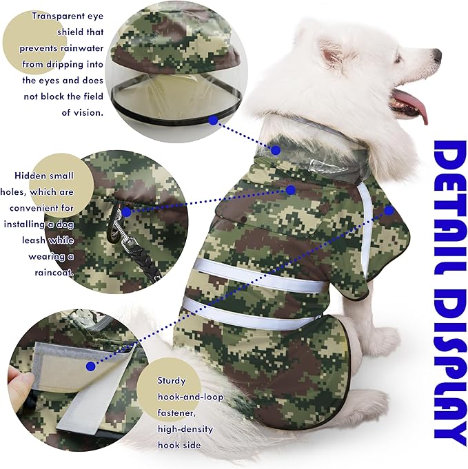Dog Raincoat, Adjustable Rain Jacket with Hooded Double Layer for Large Medium Small Dogs Puppies, Lightweight Waterproof Rain Coat Poncho with Reflective Stripe Mosaic Camouflage Green,XL
