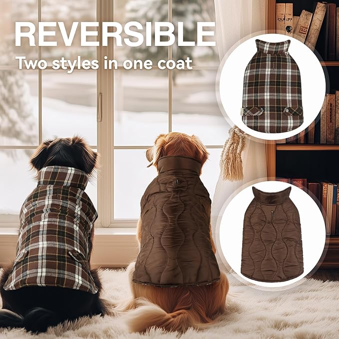 VIVAGLORY Softjoy Dog Coat, Dog Jacket for Winter & Christmas, Coat with Harness Hole & Velcro Closure, Reversible Plaid Checkered Warm Fluffy Heavy Duty for Puppy, XXS, Coffee