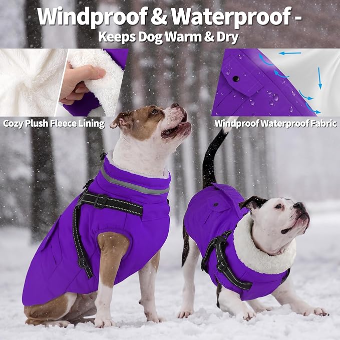 Dogcheer Dog Coat with Harness, Waterproof Warm Dog Winter Jacket with Pockets, Reflective Pet Fleece Jacket Turtleneck Snowsuit for Small Medium Large Dogs - Purple, L