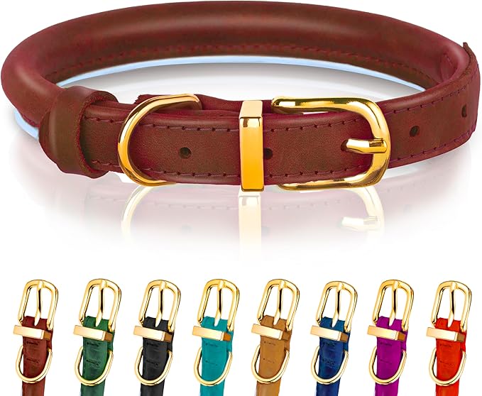 OOPSDOGGY Reflective Rolled Leather Dog Collar Adjustable Soft Padded Pet Collar for Small Medium Large Breed Dogs (Brown, L, 14"-18")