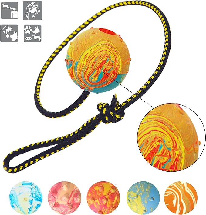 Dingo Nubby Dog Ball - Fully Rubber-Filled, with 60 cm Long Rope - Suitable for Fetching, Dog Sports, Agility, Playtime - Medium Size - Random Colour
