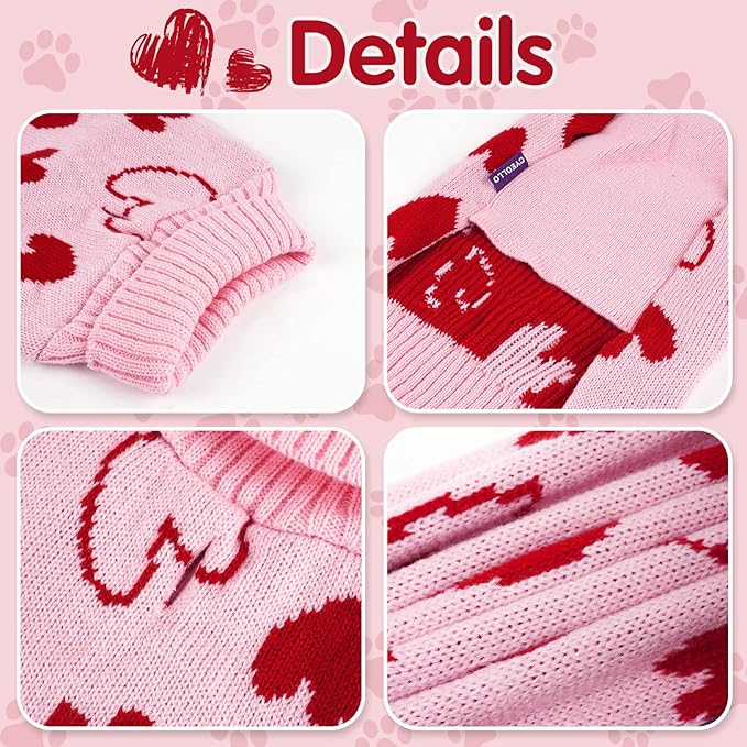 cyeollo Dog Sweaters for Small Dogs Valentines Day Dog Clothes Heart Pattern Turtleneck with Leash Hole Holiday Outfit Pet Apparel Pullover Sweaters for Dogs Pink