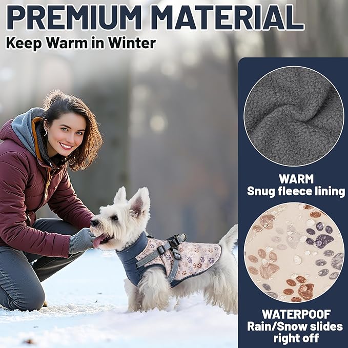 Dog Winter Coat for Small & Medium Dogs (Up to 31lb), Waterproof Dog Coat with Harness, Puppies Windproof Puppy Puffer Jacket, Snowsuit for Dachshund,Frenchie, Corgi (Paw Blue, XLarge)